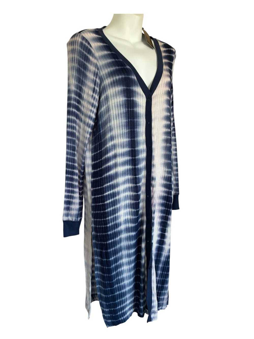 DG2 by Diane Gilman Long Cardigan, Buttons, Cuffs, Navy / White Tie-Dye. XS NWT